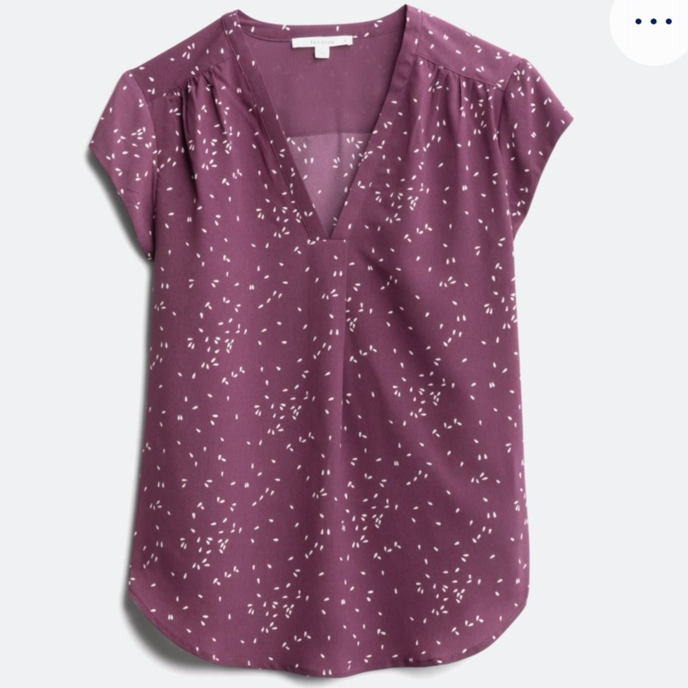 Purple and White Cap Sleeve Blouse with Pleated Neckline